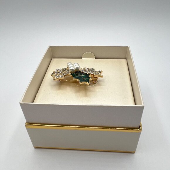 Anne Klein Pavé & Imitation Pearl Holly Branch Pin in Gold-Tone MSRP $28 NWT - Picture 4 of 5